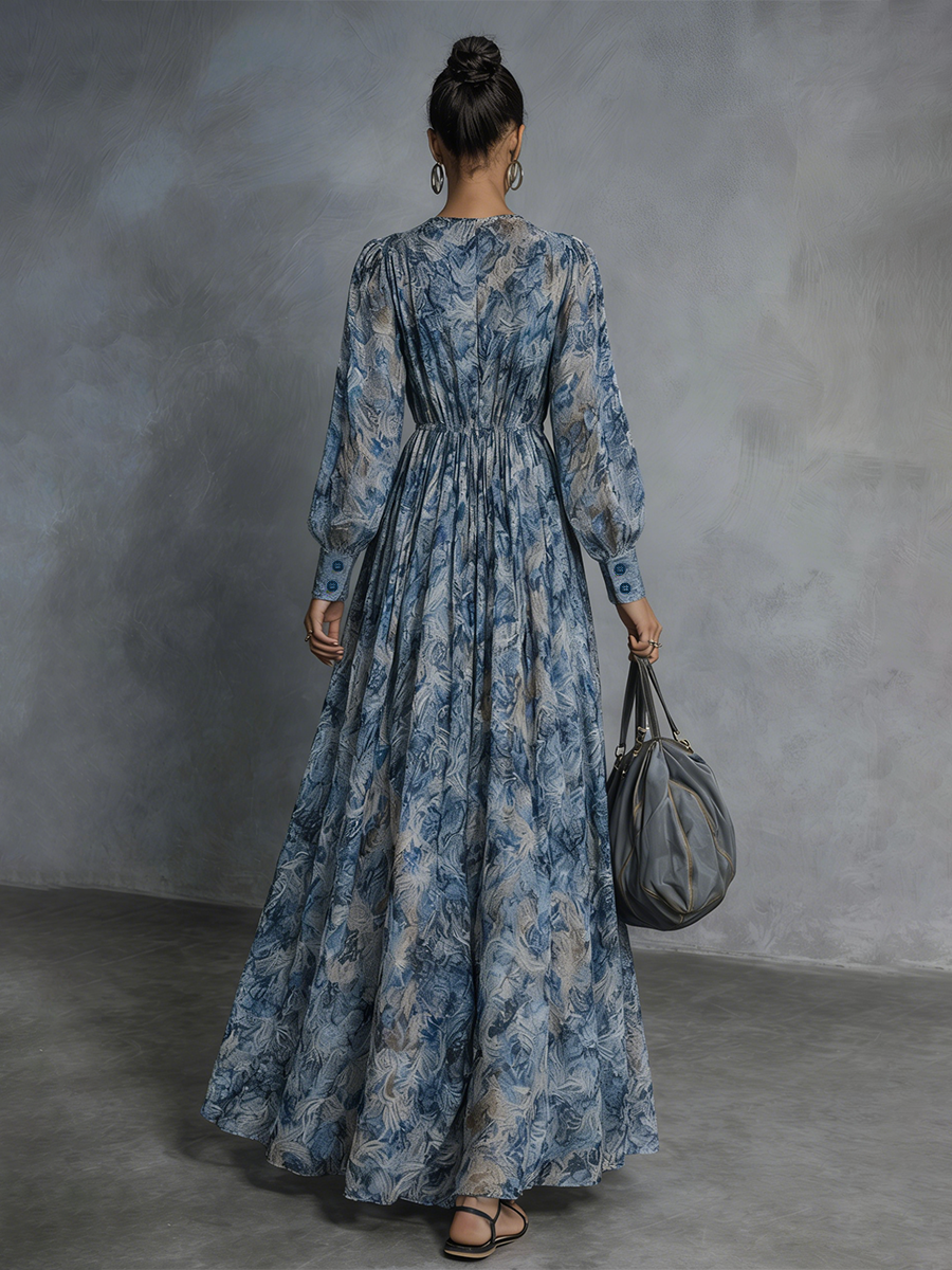 Abito maxi in chiffon con stampa floreale blu in stile bohemien per donna con scollo a V e maniche a lanterna