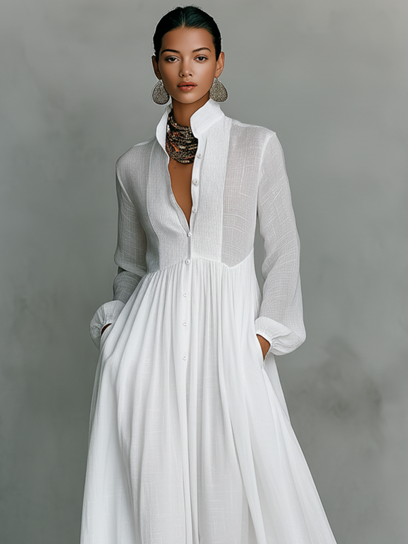 Maxi Abito Minimalista in Cotone e Lino con Patchwork, Collo Alto e Maniche Lunghe