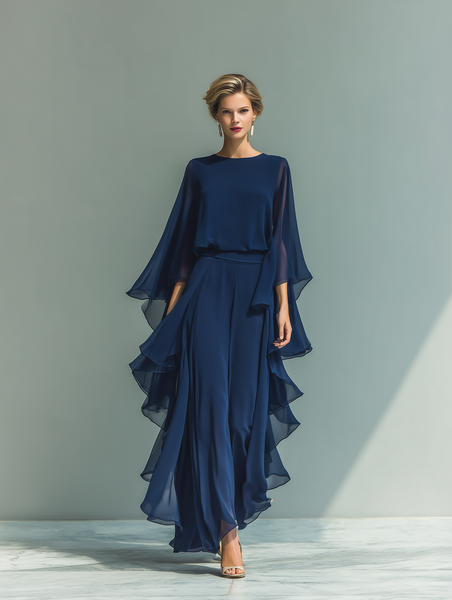 Set Top in Chiffon Blu Navy con Maniche Svasate e Pantaloni a Gamba Dritta con Dettagli Arricciati