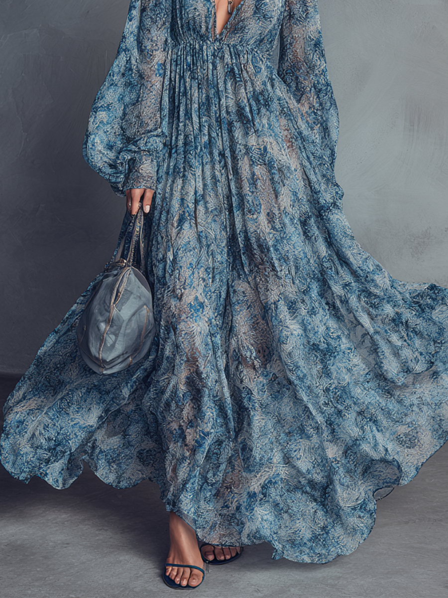 Abito maxi in chiffon con stampa floreale blu in stile bohemien per donna con scollo a V e maniche a lanterna