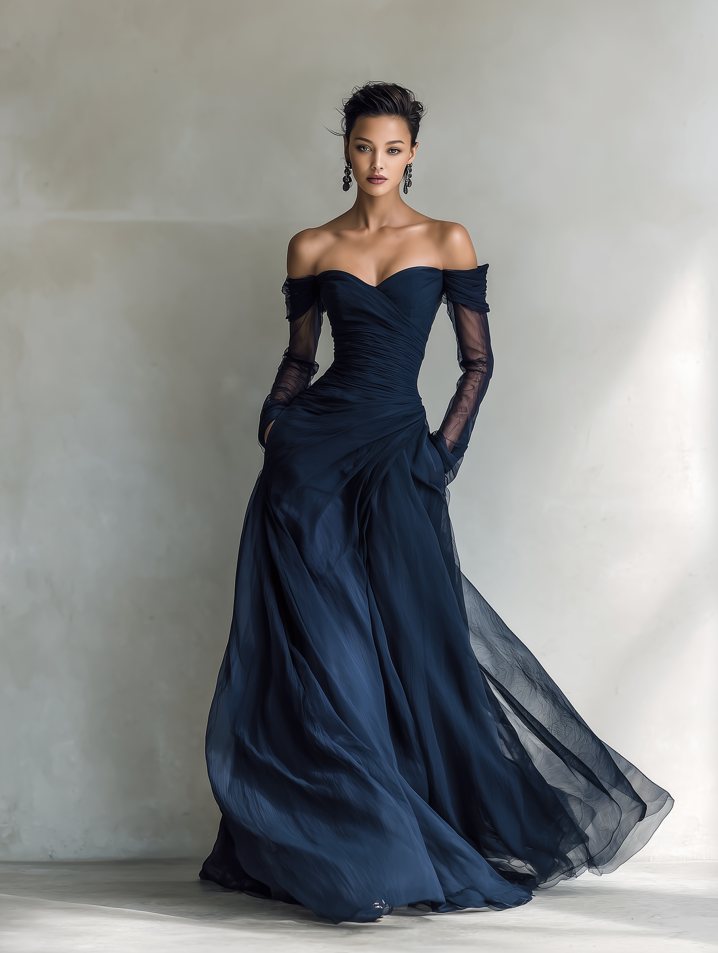 Abito Maxi Elegante in Chiffon Organza Blu Scuro con Maniche Lunghe e Spalle Scoperte per Donne