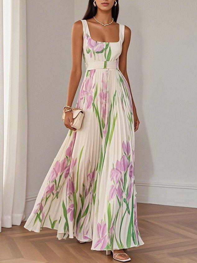 Robe Maxi A-Line Senza Maniche con Collo Quadrato in Chiffon Floreale Plissettato Bianco