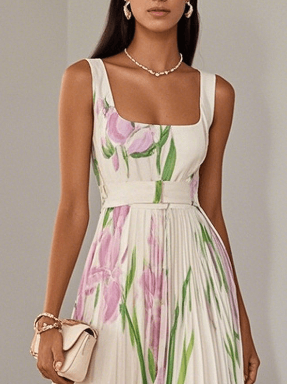 Robe Maxi A-Line Senza Maniche con Collo Quadrato in Chiffon Floreale Plissettato Bianco