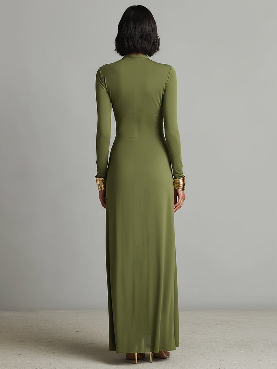 Abito Lungo Verde Oliva in Seta Elastico con Profondo Scollo a V e Dettagli Arricciati, Abito Maxi Glamour