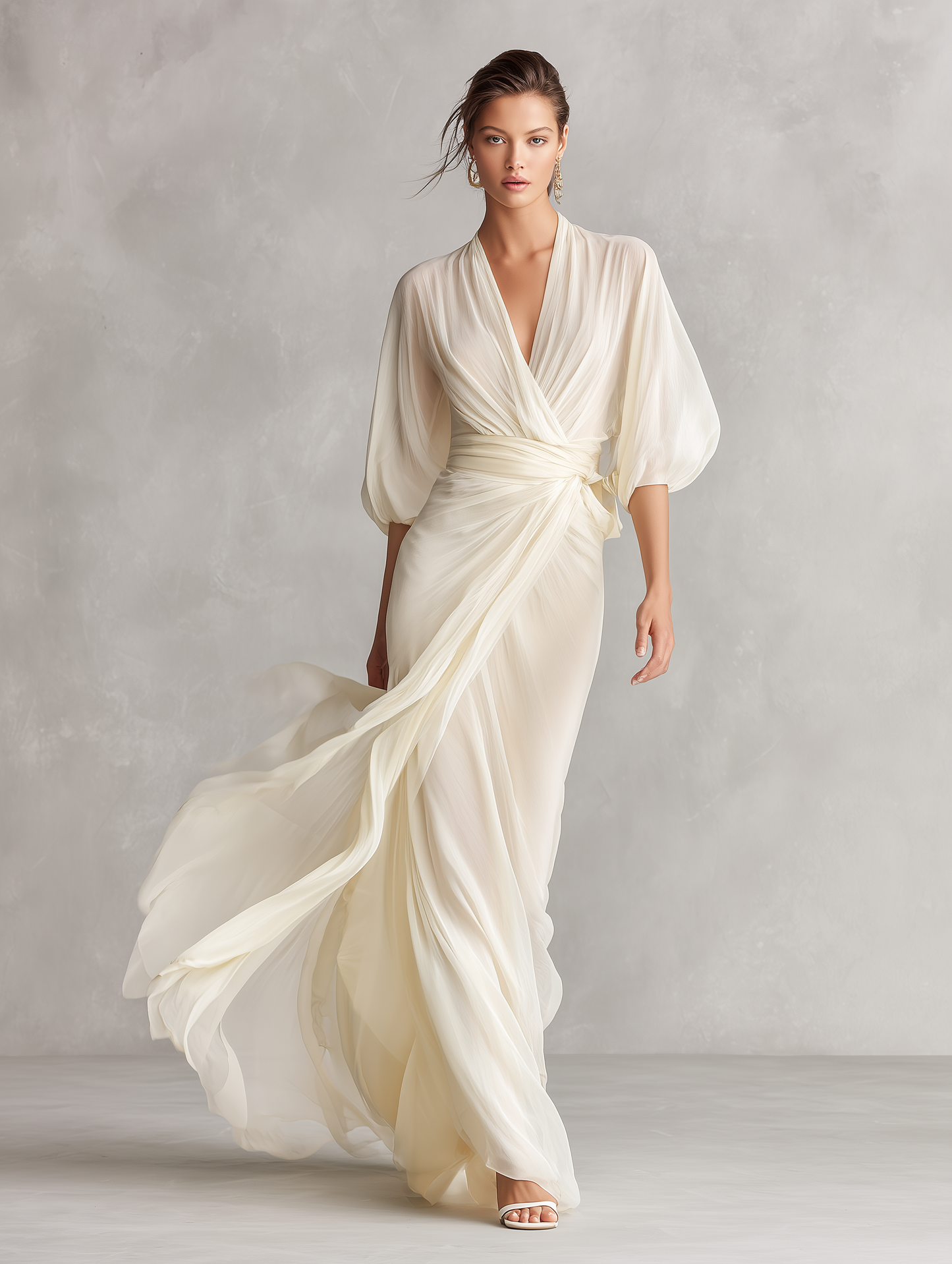 Abito in Chiffon Trasparente Avorio per Donne con Maniche Voluminose e Dettaglio Avvolgente, Abito in Stile Romantico-Lusso Senza Tempo