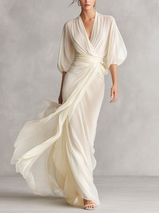 Abito in Chiffon Trasparente Avorio per Donne con Maniche Voluminose e Dettaglio Avvolgente, Abito in Stile Romantico-Lusso Senza Tempo
