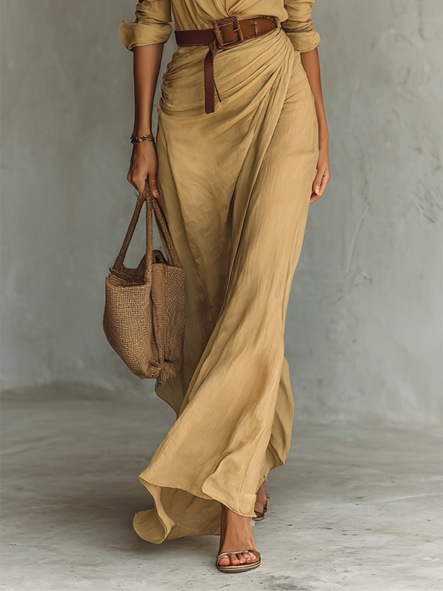 Abito Maxi Lungo con Collo Revers e Maniche Lunghe per Donna