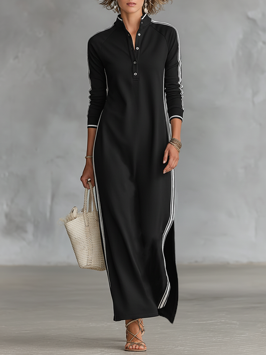 Abito Maxy Sweatshirt Minimalista da Donna con Collo a Camicia e Bordo Bianco