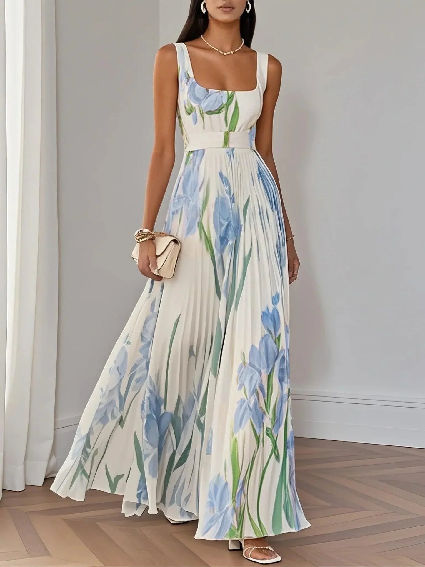 Robe Maxi A-Line Senza Maniche con Collo Quadrato in Chiffon Floreale Plissettato Bianco