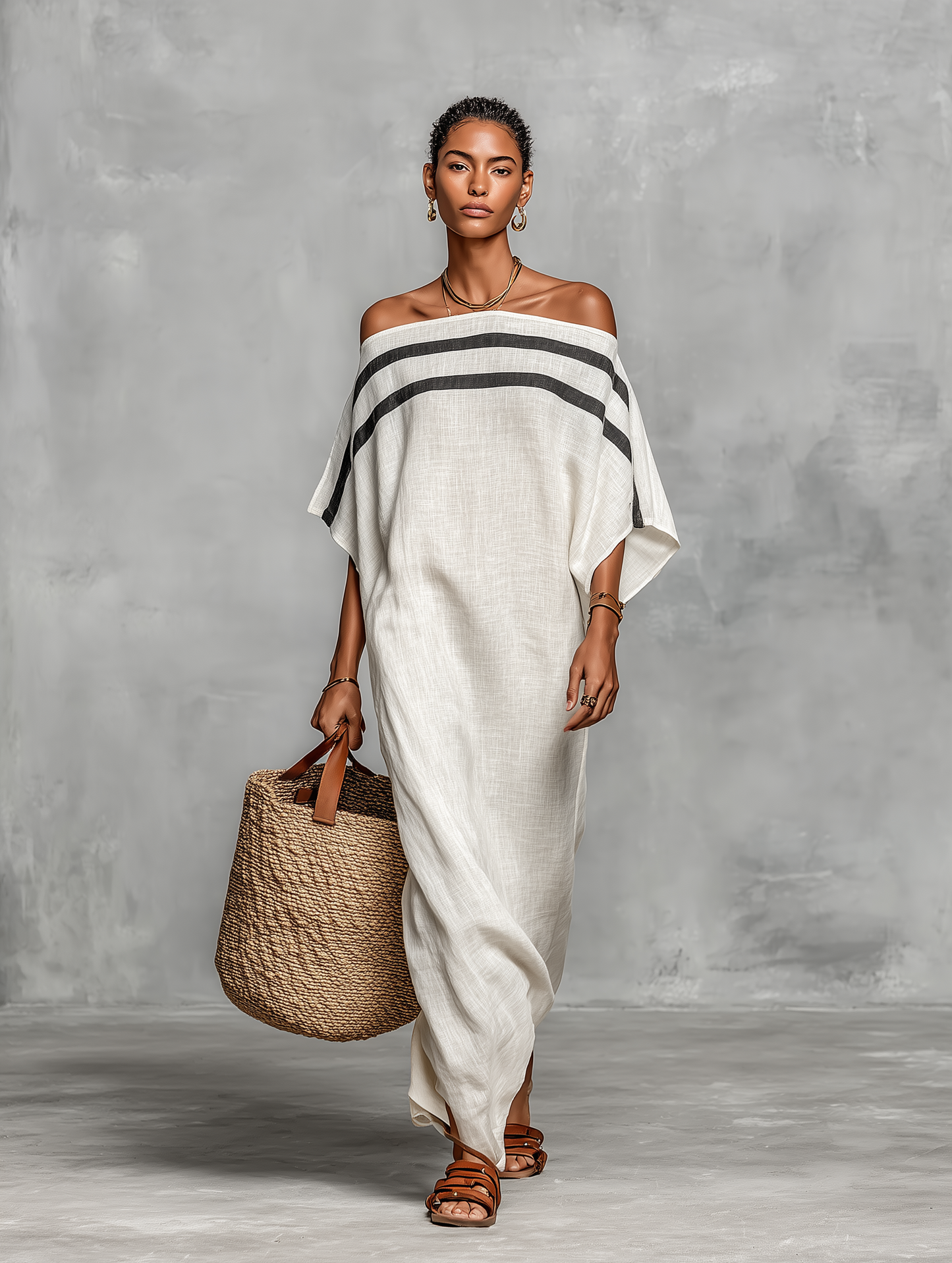 Rina - Maxi Abito Minimalista in Lino per Donna con Scollo Off-the-Shoulder e Maniche a Campana