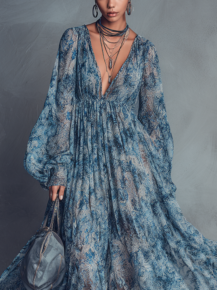 Abito maxi in chiffon con stampa floreale blu in stile bohemien per donna con scollo a V e maniche a lanterna