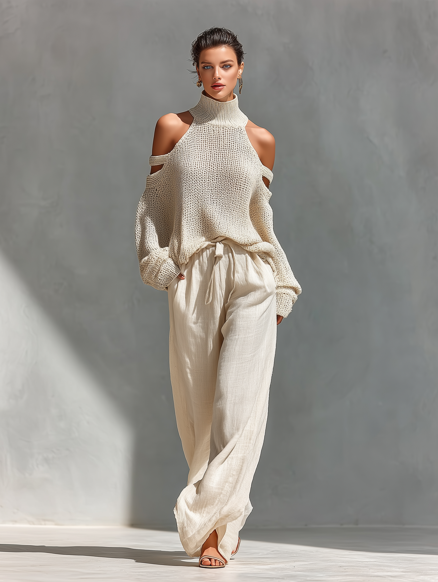 Completo Top Collo Alto con Spalle Scoperte in Maglia Beige per Donne & Pantaloni a Gamba Larga
