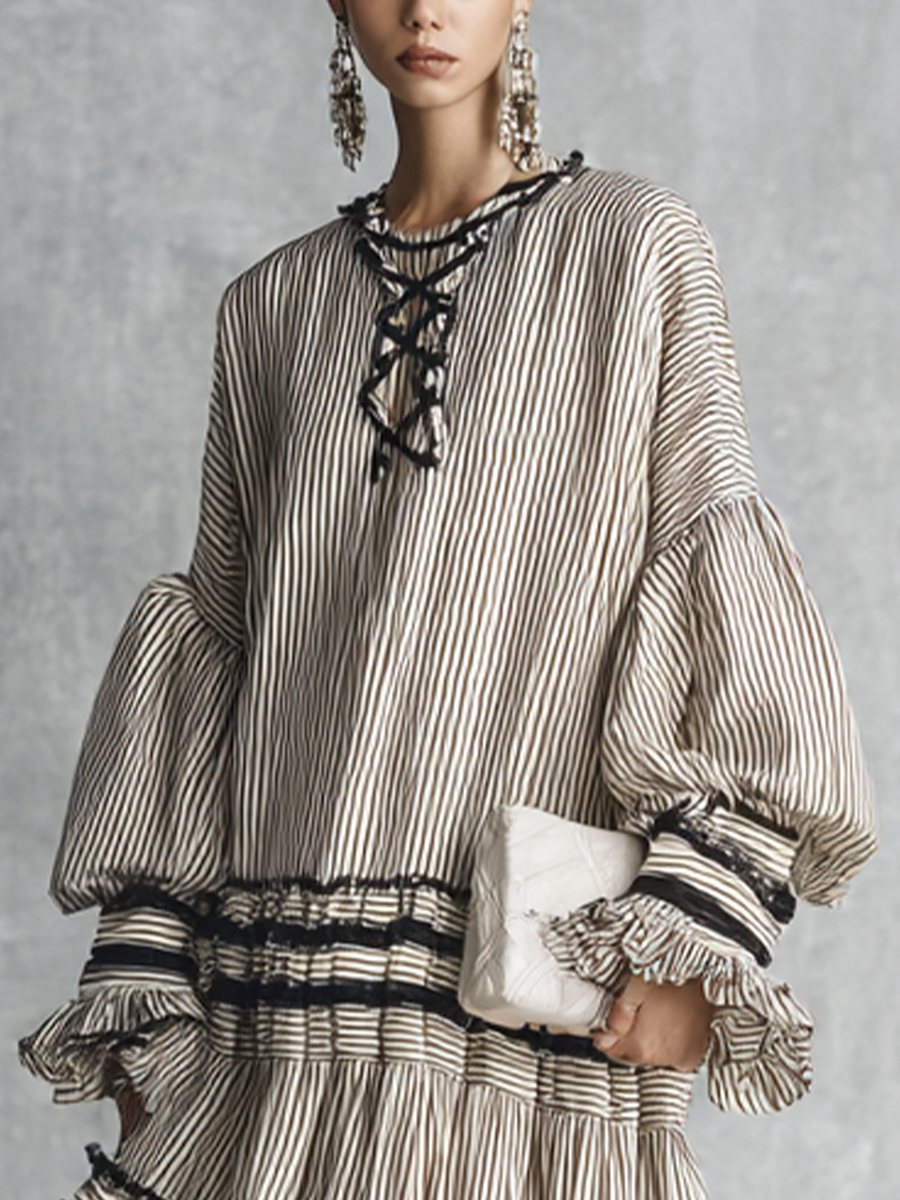 Abito maxi lungo a volant a righe bohemien per donna