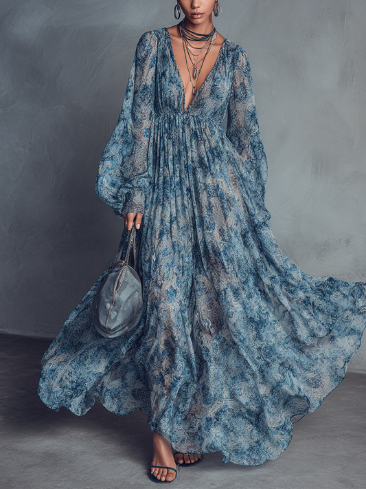 Abito maxi in chiffon con stampa floreale blu in stile bohemien per donna con scollo a V e maniche a lanterna