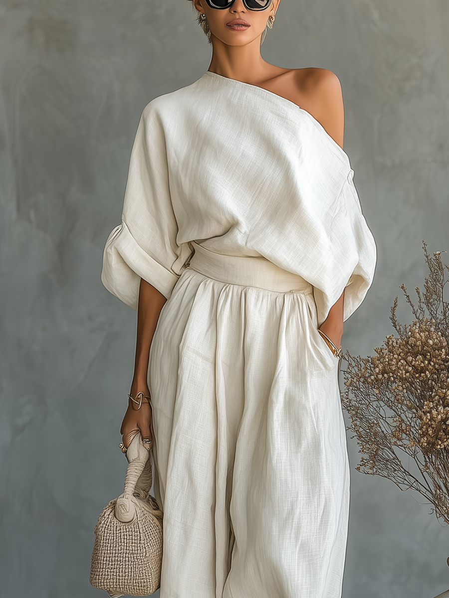 Stella - Set da donna in lino off-white con top casual a spalle scoperte e pantaloni tapered