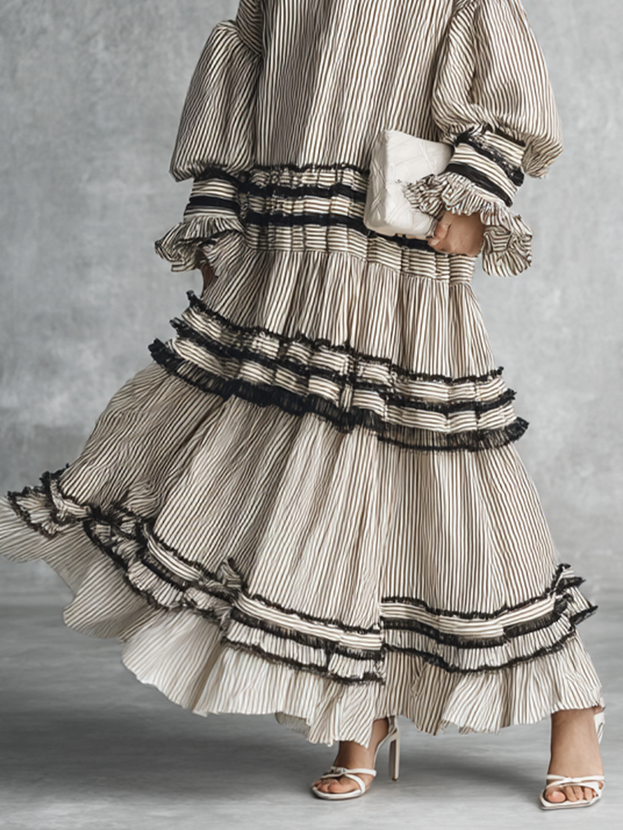 Abito maxi lungo a volant a righe bohemien per donna