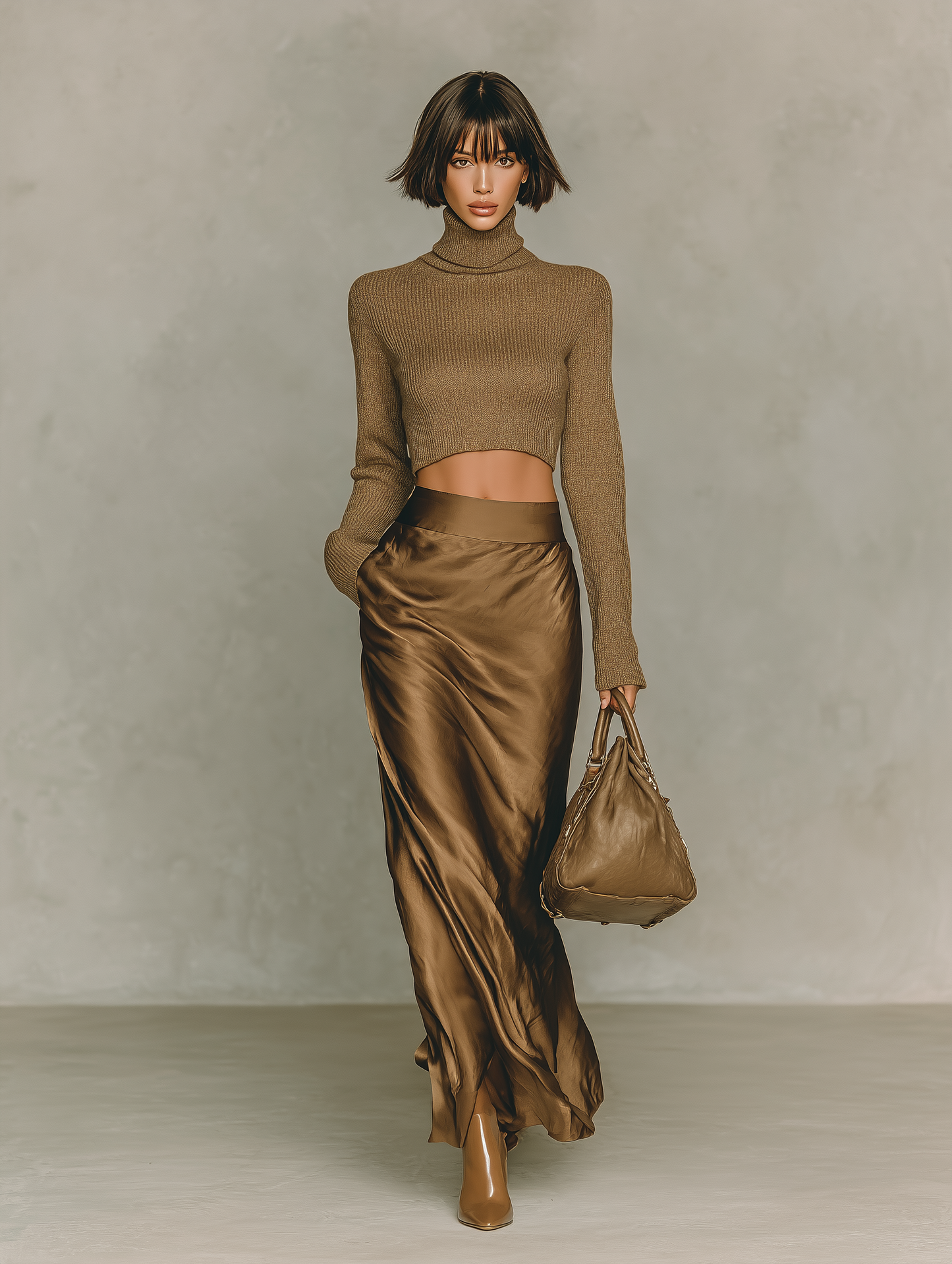 Maglione a collo alto dorato-marrone per donne, a maniche lunghe, abbinato a una gonna midi in satin