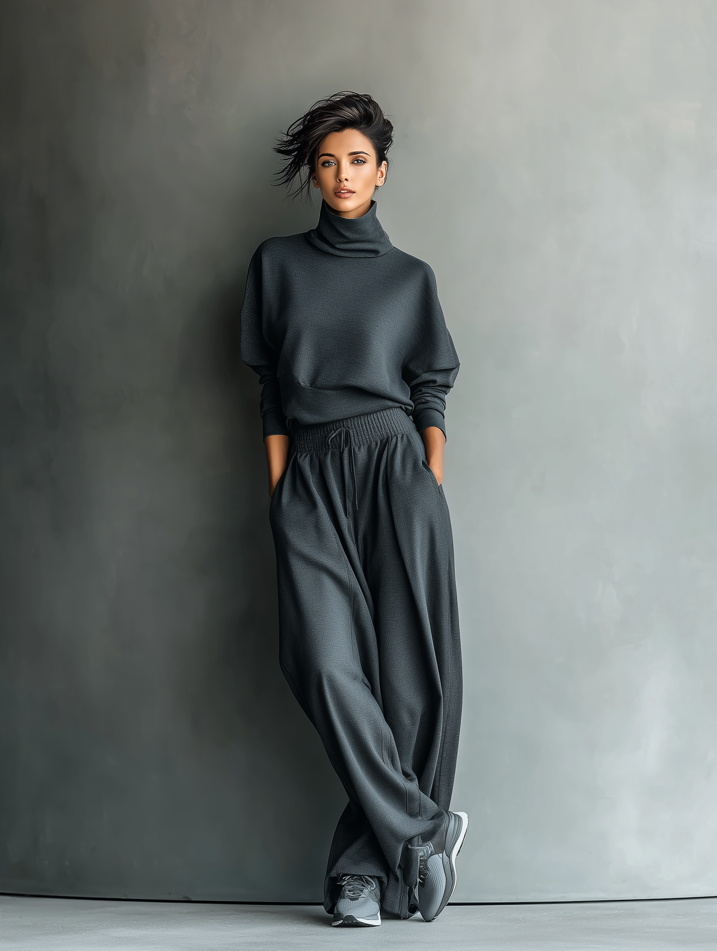 Set da donna in maglia di carbone con collo alto e pantaloni a gamba larga