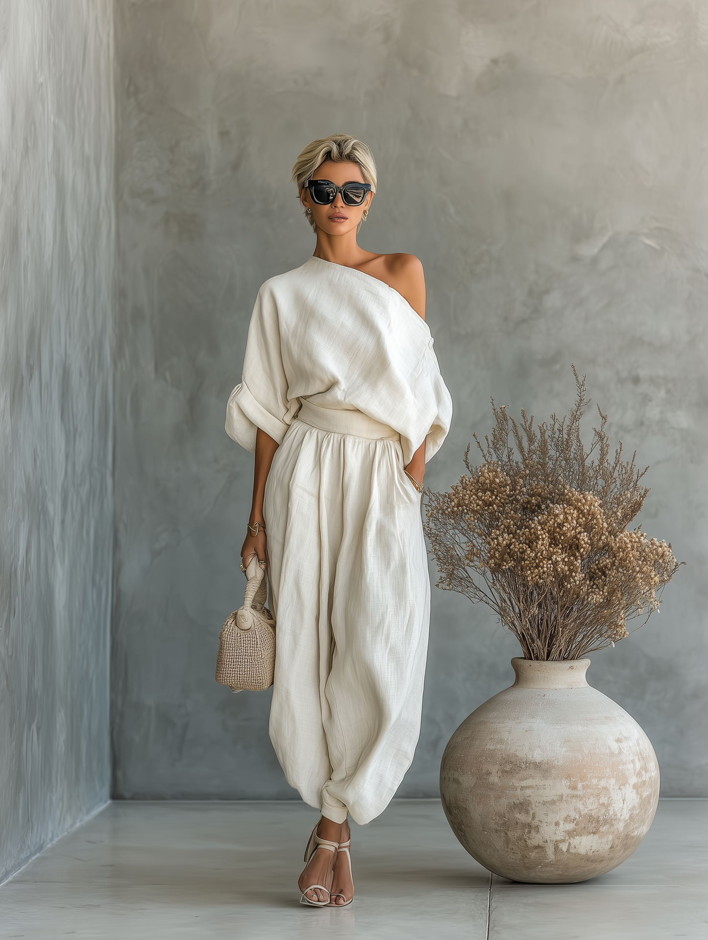 Stella - Set da donna in lino off-white con top casual a spalle scoperte e pantaloni tapered