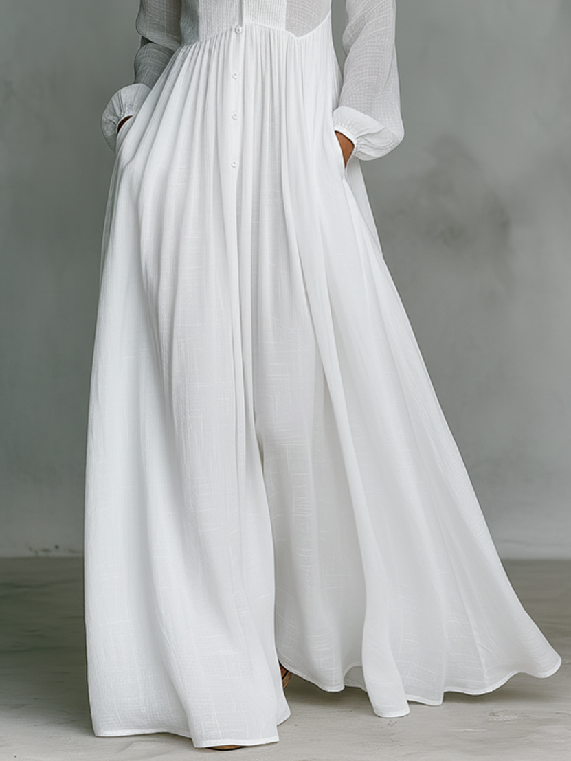 Maxi Abito Minimalista in Cotone e Lino con Patchwork, Collo Alto e Maniche Lunghe