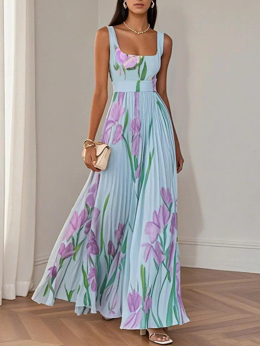 Robe Maxi A-Line Senza Maniche con Collo Quadrato in Chiffon Floreale Plissettato Bianco
