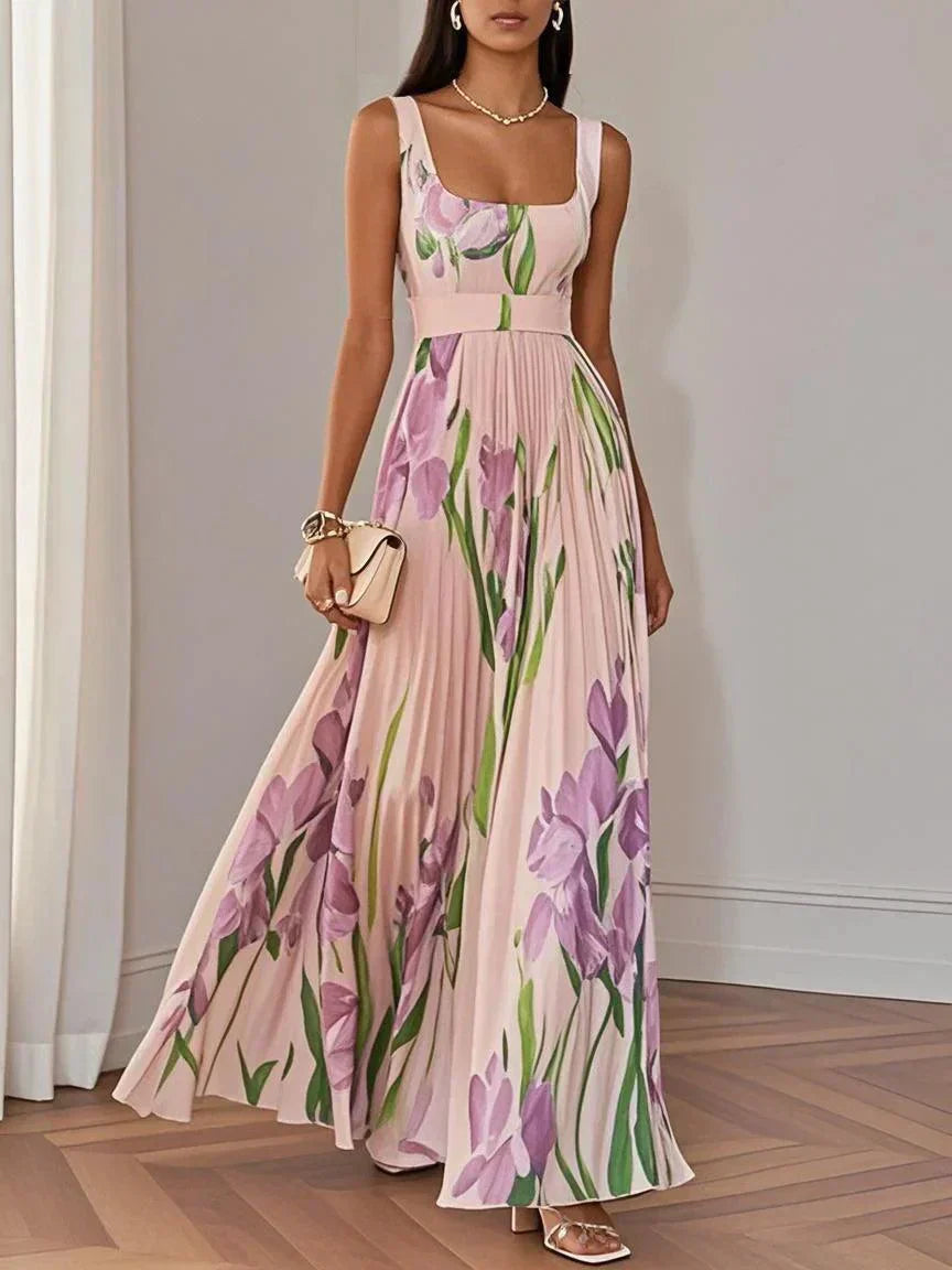 Robe Maxi A-Line Senza Maniche con Collo Quadrato in Chiffon Floreale Plissettato Bianco