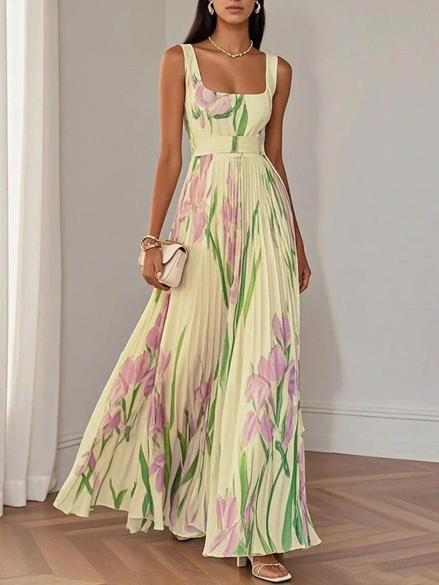 Robe Maxi A-Line Senza Maniche con Collo Quadrato in Chiffon Floreale Plissettato Bianco