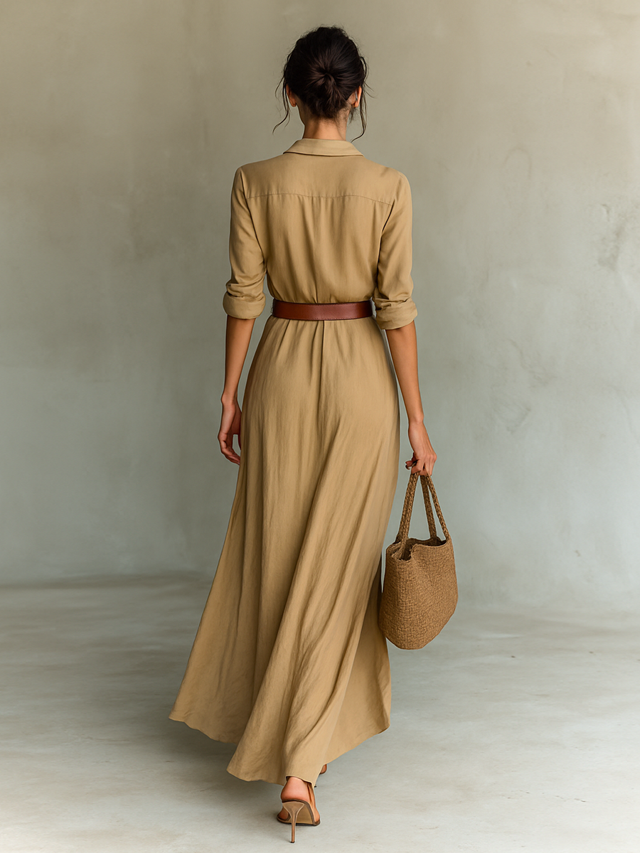 Robe Maxi Lunga con Collo Revers e Maniche Lunghe per Donne