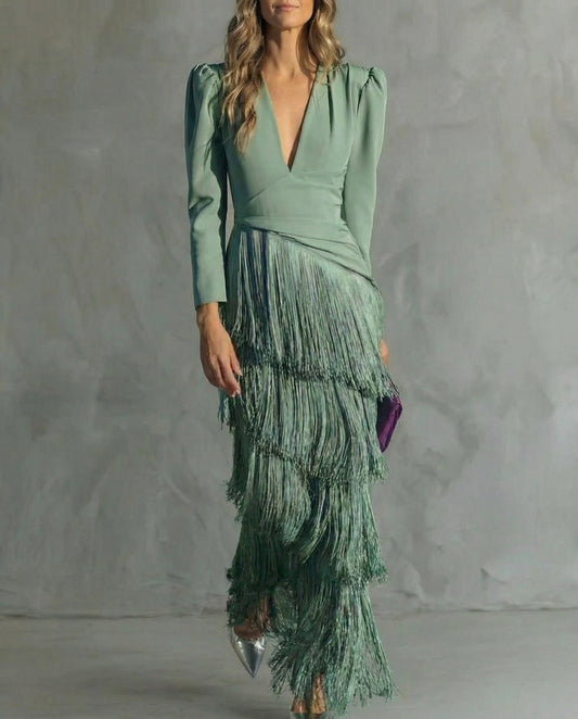 CAMILLA | ABITO MIDI ELEGANTE CON MANICHE A FRANGE