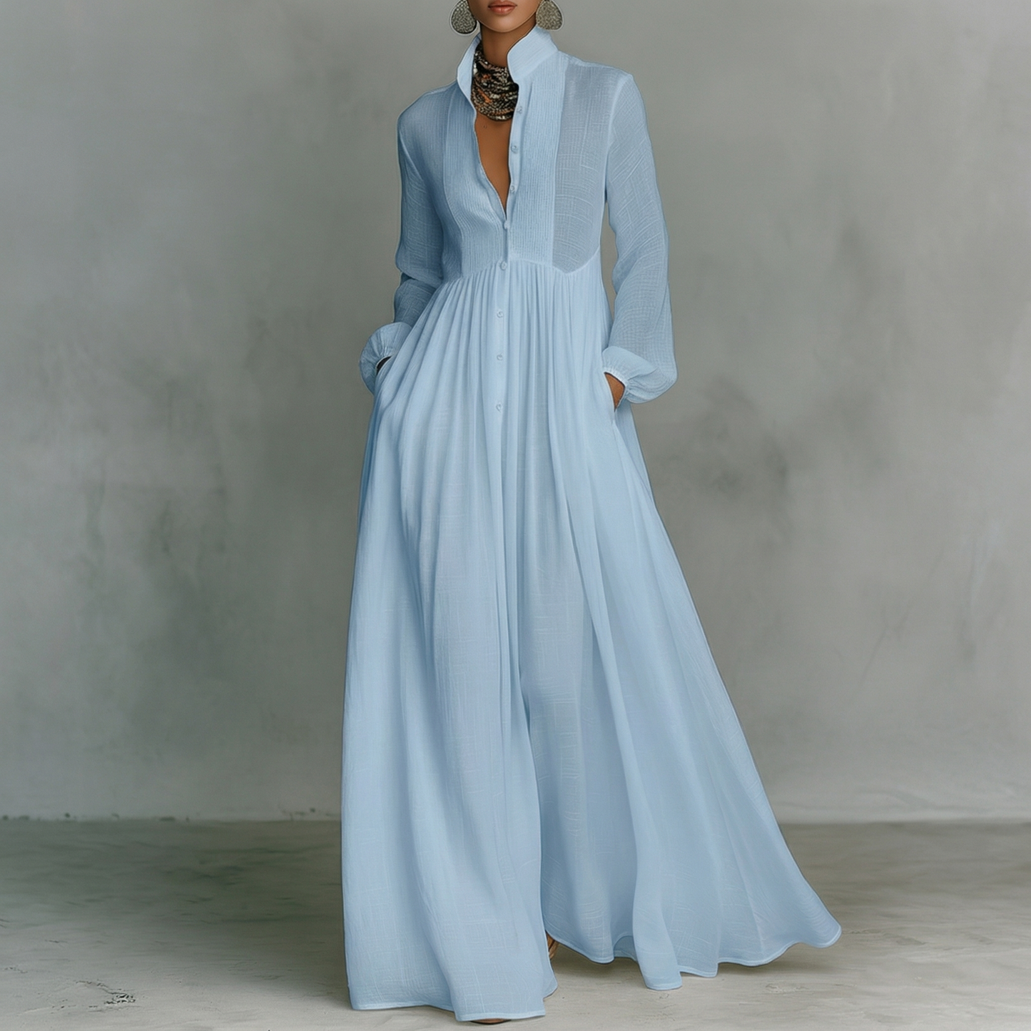 Maxi Minimalista in Cotone e Lino con Patchwork, Collo Alto e Maniche Lunghe