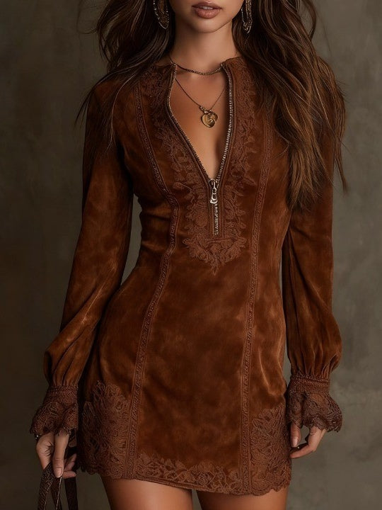 Azulena ❘ Vestito mini vintage in camoscio con pizzo