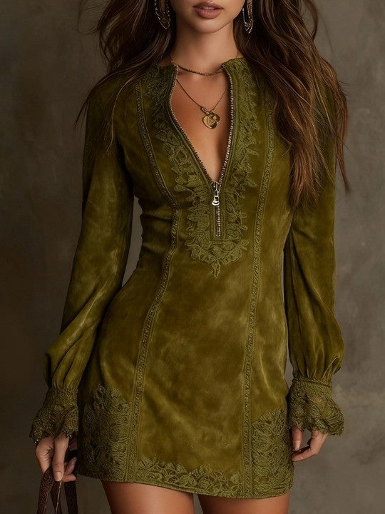 Azulena ❘ Vestito mini vintage in camoscio con pizzo