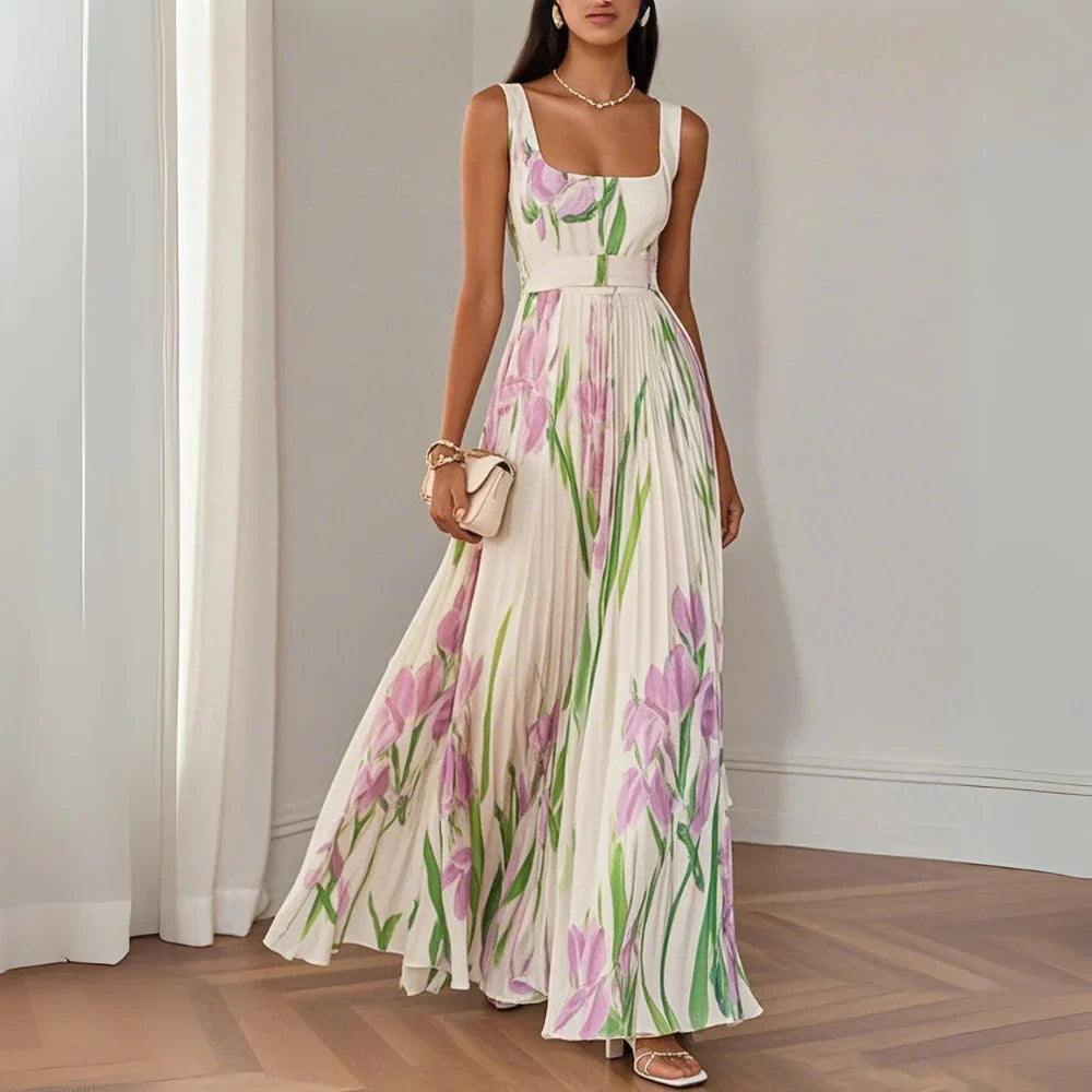 Robe Maxi A-Line Senza Maniche con Collo Quadrato in Chiffon Floreale Plissettato Bianco