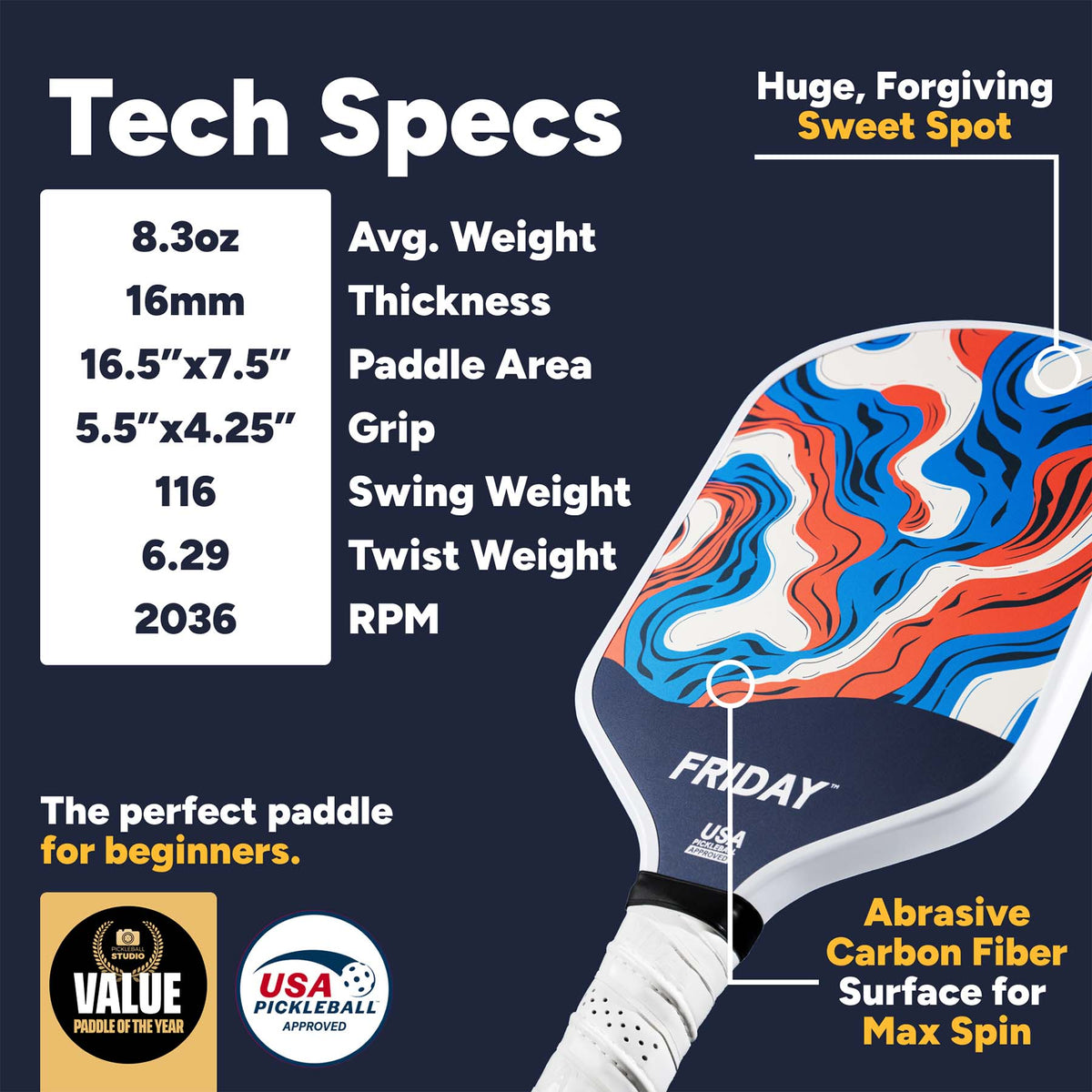 Friday Pickleball Paddle | Carbon Fiber (16mm)