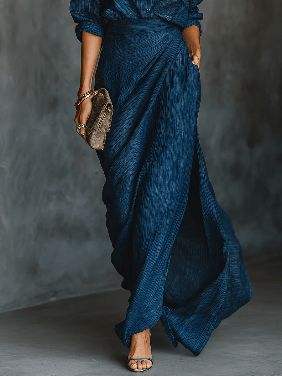 Amy || Set Elegante: Camicia e Gonna Lunga in Misto Cotone-Lino Blu Scuro