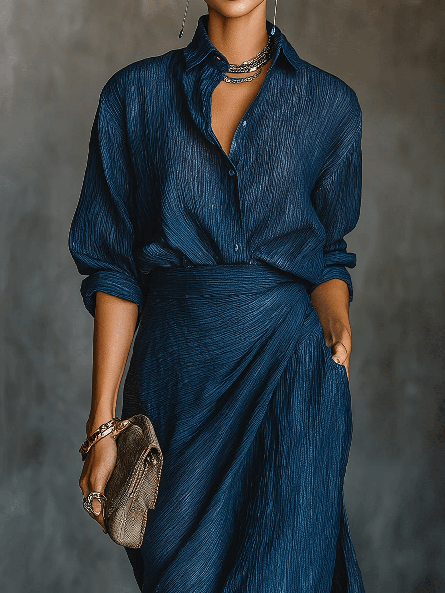Amy || Set Elegante: Camicia e Gonna Lunga in Misto Cotone-Lino Blu Scuro