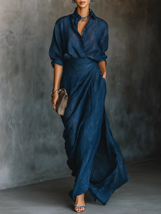 Amy || Set Elegante: Camicia e Gonna Lunga in Misto Cotone-Lino Blu Scuro
